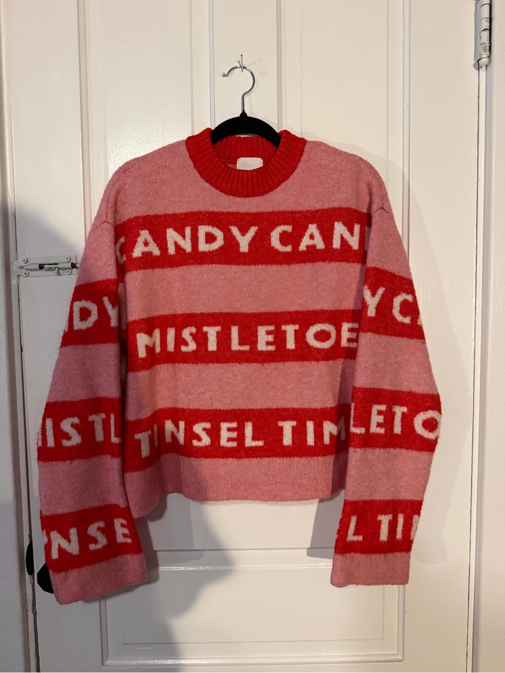 Holiday Stripe Slogan Sweater in Pink & Red